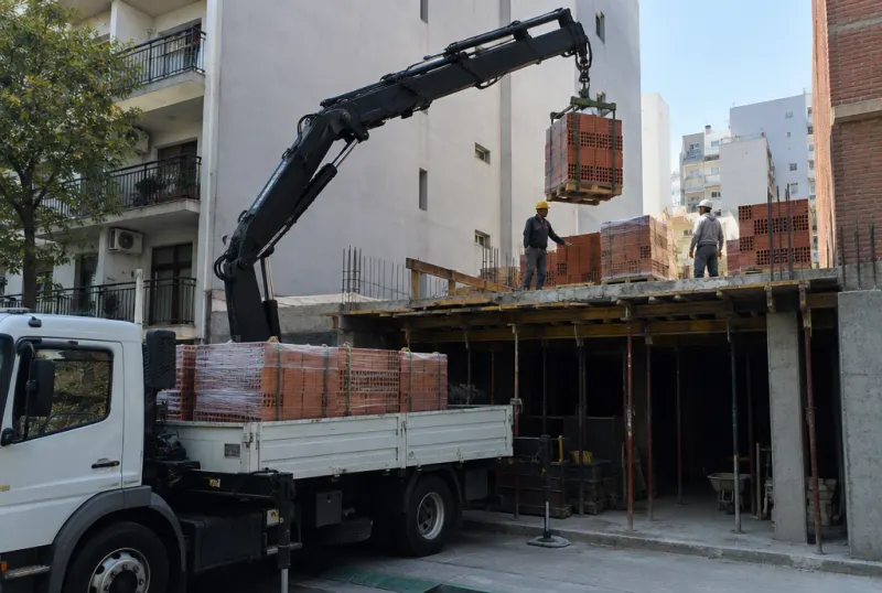 Hidrogrúa descargando pallets de material en una obra de la Ciudad
