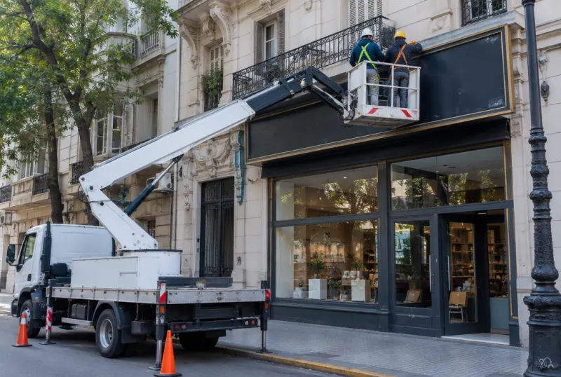 Hidrogrúa con barquilla trabajando en un frente de edificio
