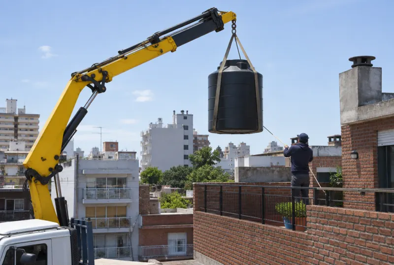 Hidrogrúa subiendo un tanque de agua a la terraza de un edificio