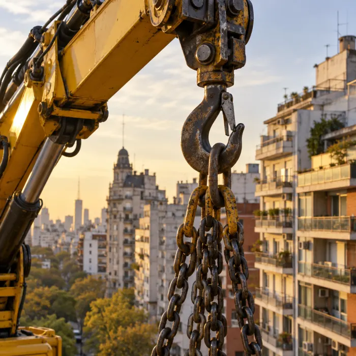 Gancho de hidrogrúa sobre un edificio de la Ciudad