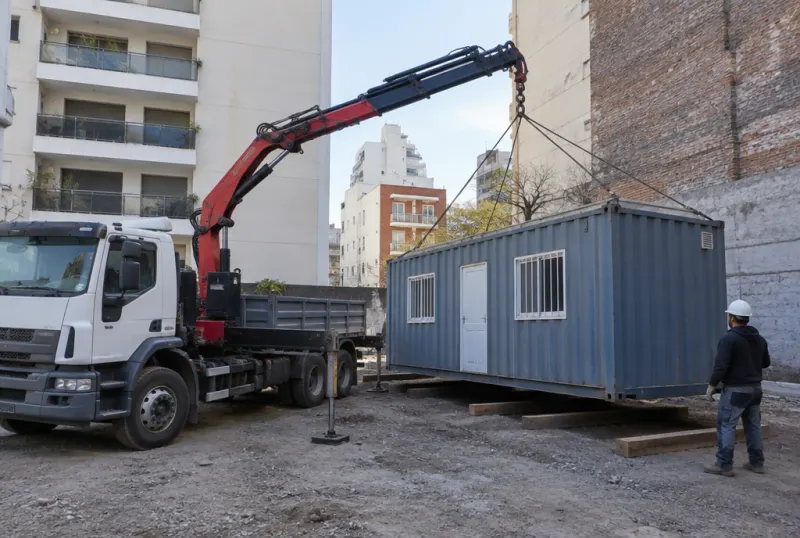 Hidrogrúa descargando un contenedor de obra en un lote de la Ciudad